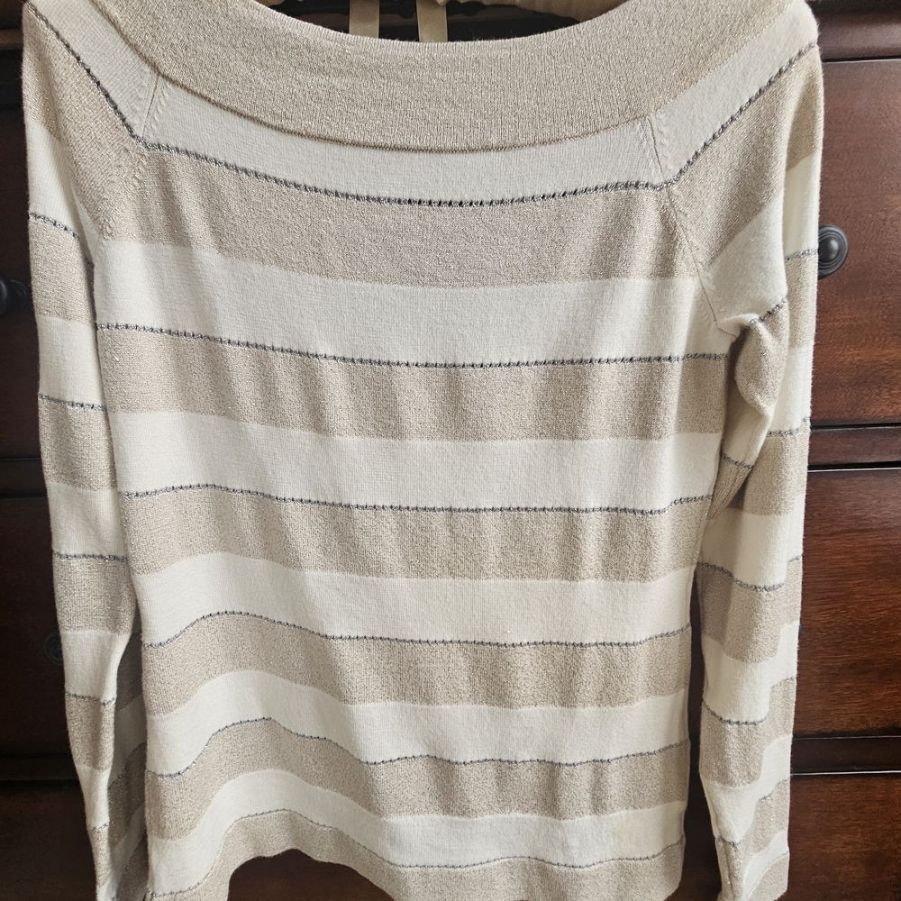 Chic Beige and Cream Striped Off-the-Shoulder Sweater